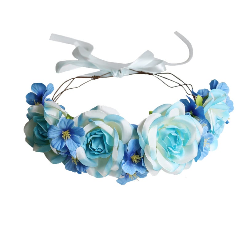 Vivivalue Rose Flower Crown Boho Flower Headband Hair Wreath Floral Headpiece Halo with Ribbon Wedding Party Festival Photos Blue - Image 1
